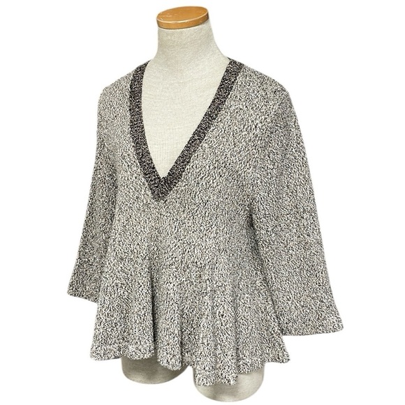 APIECE APART Sweater Deep Plunging V-neck Brown Marled Peplum Hem Size Medium - Picture 3 of 13